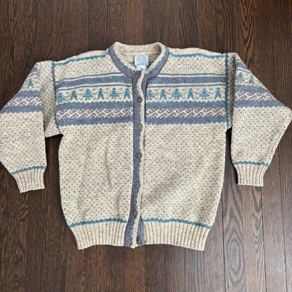 Vintage Blueberry Woolens Sweater Women's Medium Pure Wool Fair Isle Cardigan